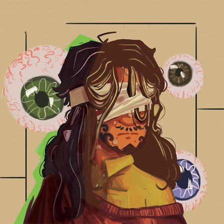 Jonathan Sims wearing a blindfold, green shirt and red sweater. There are three eyes behind him.